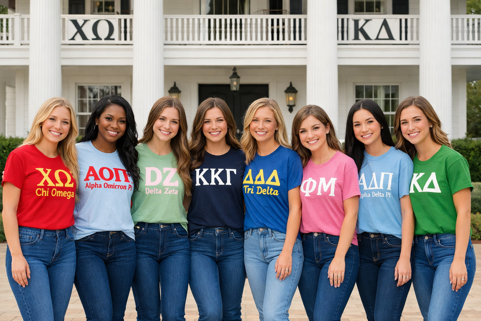 College friends in front of chapter house